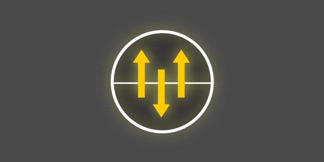 Icona gialla e bianca con frecce all’interno di un cerchio che puntano verso l’alto e verso il basso, su sfondo grigio scuro, che rappresenta traspirabilità e trasporto dell’umidità.
